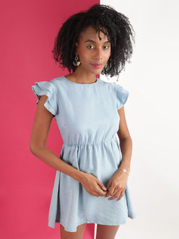 Freehand - Women Blue Flared Solid Denim Flare Dress