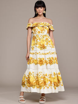 Label Ritu Kumar - Women Yellow Ecru Jovie Off-Shoulder Dress