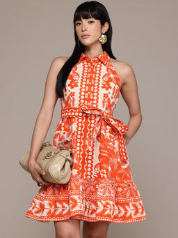 Label Ritu Kumar - Women Orange Arlene Mini Dress with Belt (Set of 2)