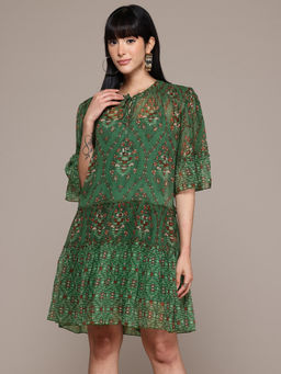 Label Ritu Kumar - Women Green Caprese Dress with Camisole (Set of 2)