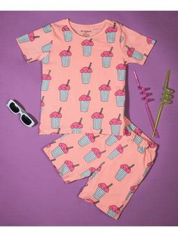 Be Awara - Half Sleeves Cotton T-shirt & Shorts Milkshake Print Pink (Set of 2)