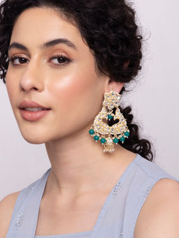 Indya - Gold Green Bead Drop Floral Kundan Dangler Earrings