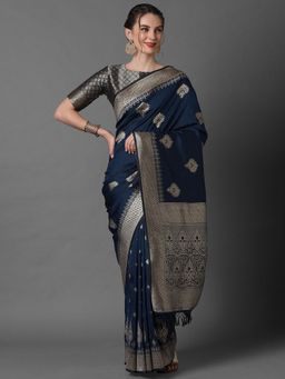 Akhilam - Navy Blue Festive Silk Blend Woven Design Saree with Unstitched