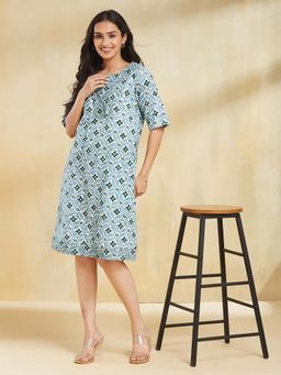 Fabindia - Blue Cotton Linen Block Printed Short Dress