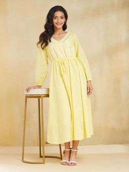 Fabindia - Yellow Cotton Blend Chikankari Dress with Inner