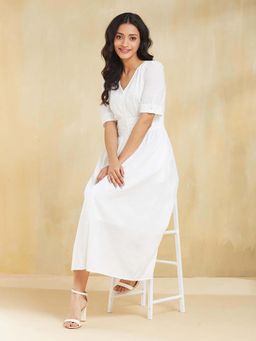 Fabindia - White Cotton Chikankari Midi Dress with Inner