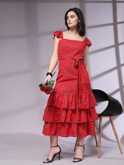 KASSUALLY - Red Floral Printed Layered A-Line Midi Dress
