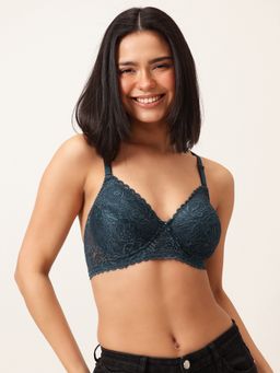 Clovia - Lace Solid Padded Full Cup Wire Free T-Shirt Bra - Turquoise Blue
