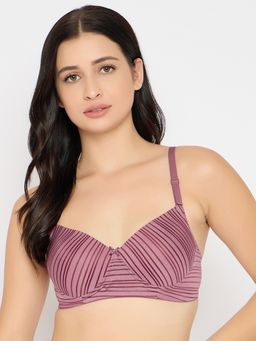 Clovia - Polyamide Stripes Padded Full Cup Wire Free T-Shirt Bra - Maroon