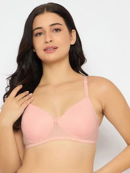 Clovia - Polyamide Stripes Padded Full Cup Wire Free T-Shirt Bra - Peach
