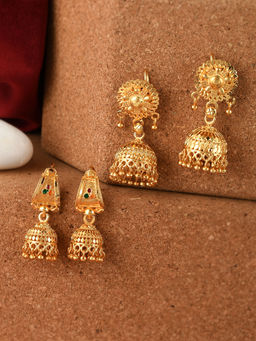Silvermerc Designs - Gold Plated Handcrafted Meenakari Ethnic Temple Jhumka Earrings (Set of 2)