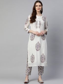 Readiprint - Straight Style Cotton Fabric White Kurta with Bottom (Set of 2)