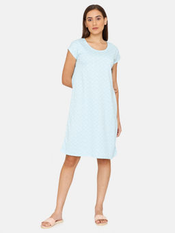 Zivame - Rosaline Symmetry Knit Cotton Knee Length Nightdress - Crystal Blue