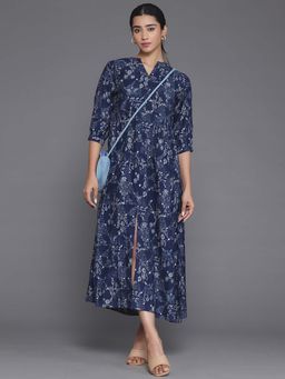 Libas - Women Navy Blue Floral Printed Flared Dress