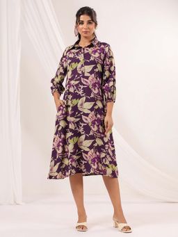 Janasya - Women Purple Rayon Floral Printed A-Line Dress