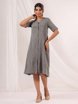 Janasya - Women Dark Grey Cotton Woven A-Line Button Down Dress