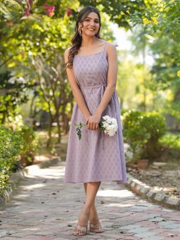 Janasya - Women Lavender Pure Cotton Floral Printed A-Line Dress