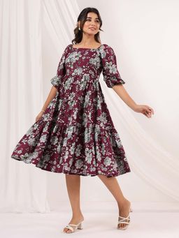 Janasya - Women Wine Pure Cotton Floral Printed Tiered Dress