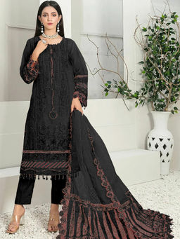 Odette - Black Party Wear Embroidered Organza Semi Stitched Dress Material (Set of 3)