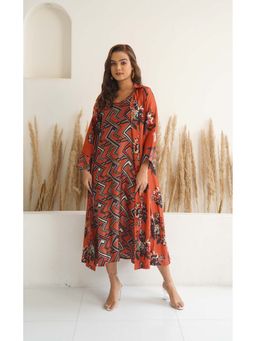 Meghna Panchmatia - Orange Floral Jacket with Dress (Set of 2)