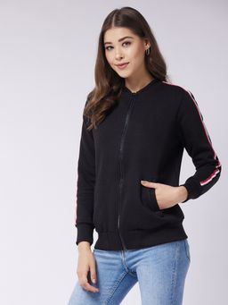 Miss Chase - Women's Black V-neck Full Sleeve Solid Bomber Regular Jacket