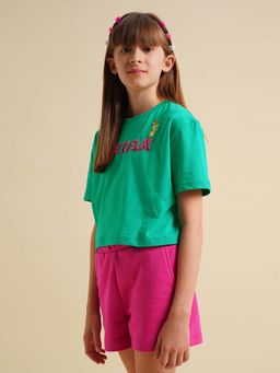VERO MODA - Girl Typographic Boxy Green T-Shirt