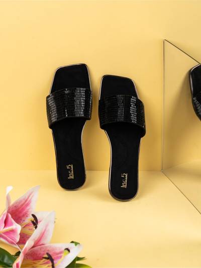 Womens Black Casual Embellished Square Toe Flats
