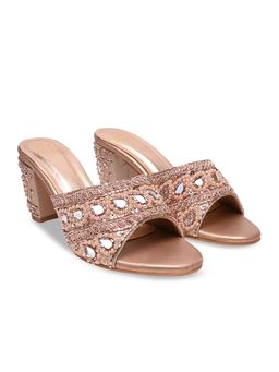 ROCIA - By Regal Rose Gold Women Heavy Embroidered Block Heel Sandals