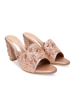 ROCIA - By Regal Rose Gold Women Heavy Embroidered Block Heel Sandals