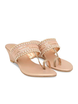 ROCIA - By Regal Rose Gold Women Embroidered Wedges Heels Sandals