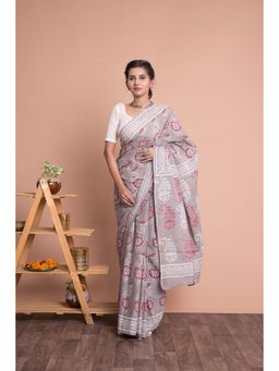 KISHORI - Women Hand Block Print Cotton Mulmul Saree with Unstitched Blouse - Grey