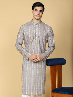 TABARD - Cotton Full Sleeve Regular Fit Stripe Beige Kurta for Men