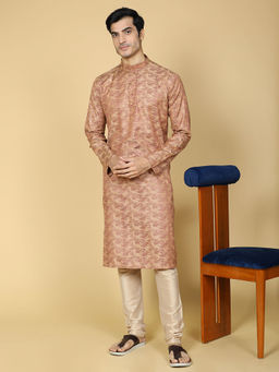 TABARD - Cotton Full Sleeves Regular Jaquard Red Kurta for Men (Set of 2)