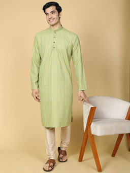 TABARD - Cotton Full Sleeves Regular Stripe Green Kurta for Men (Set of 2)