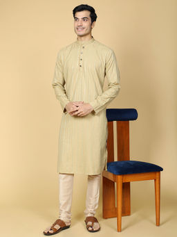 TABARD - Cotton Full Sleeves Regular Stripe Beige Kurta for Men (Set of 2)