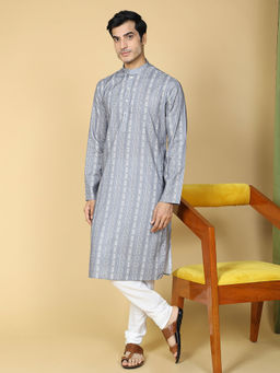 TABARD - Cotton Full Sleeves Regular Stripe Grey Kurta for Men (Set of 2)