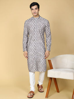 TABARD - Cotton Full Sleeves Regular Printed Brown Kurta for Men (Set of 2)