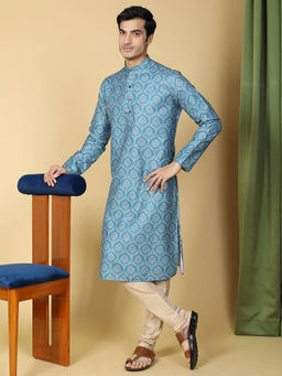 TABARD - Cotton Full Sleeves Regular Printed Blue Kurta for Men (Set of 2)