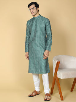 TABARD - Cotton Full Sleeves Regular Printed Green Kurta for Men (Set of 2)