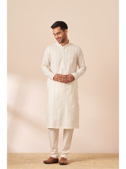 Manyavar - Cream Cotton Solid Kurta with Pencil Pyjama (Set of 2)