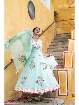 IMROZ HOUSE - Turquoise Hand Painted Gotta Anarkali Kurta with Pant & Dupatta (Set of 3)