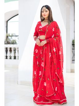 IMROZ HOUSE - Red Chiffon Blouse with Lehenga & Dupatta (Set of 3)