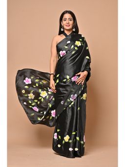 IMROZ HOUSE - Black Satin Handpaintedd Saree with Unstitched Blouse