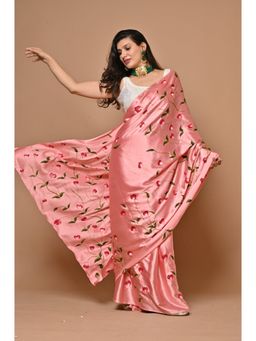 IMROZ HOUSE - Peach Satin Handpainted Saree with Unstitched Blouse