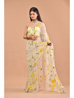 IMROZ HOUSE - White Handpainted Yellow Florals Saree with Unstitched Blouse