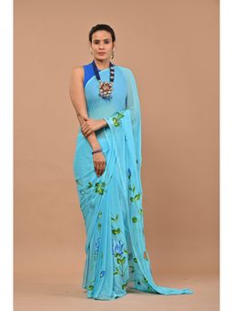 IMROZ HOUSE - Blue Shiffon Handpainted Saree with Unstitched Blouse