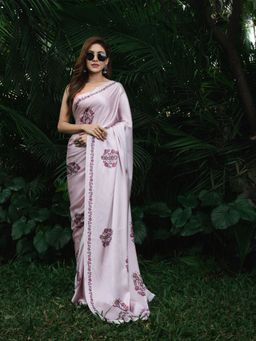 Beatitude - Mauve Pink Floral Satin Saree with Unstitched Blouse