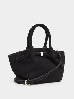 Styli - Black Women Textured Belt Lock Detail Handbag with Detachable Strap