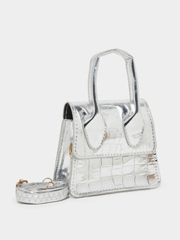 Styli - Silver Women Silver Textured Mini Handheld Bag with Detachable Strap