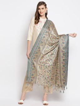 Dupatta Bazaar - Womens Beige & Blue Floral Printed Silk Dupatta